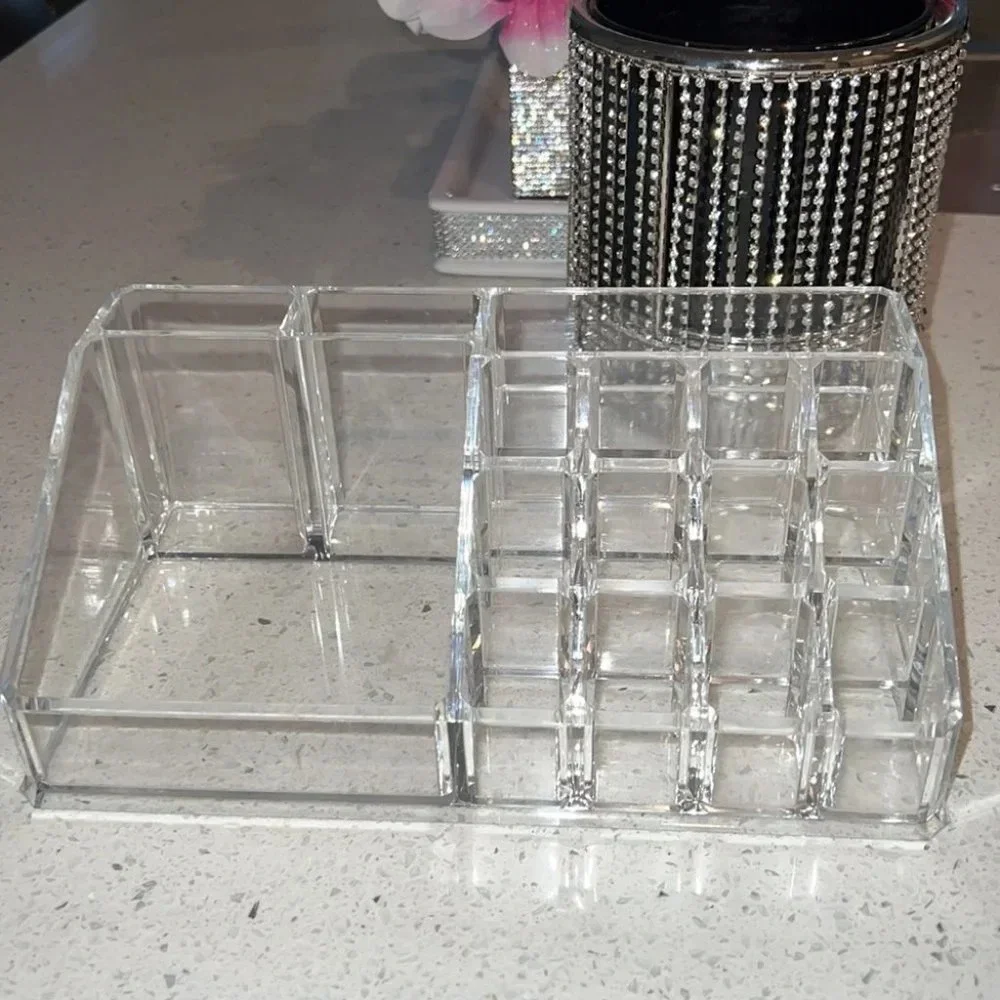 Makeup organizer acrylic clear hard cosmetic skincare organization desk tray